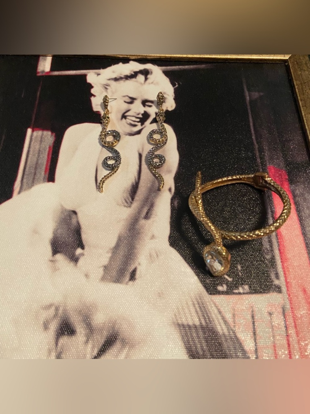 Gold Snake Dangle Earrings with Crystal Accents & Snake Wrap Bracelet #139
